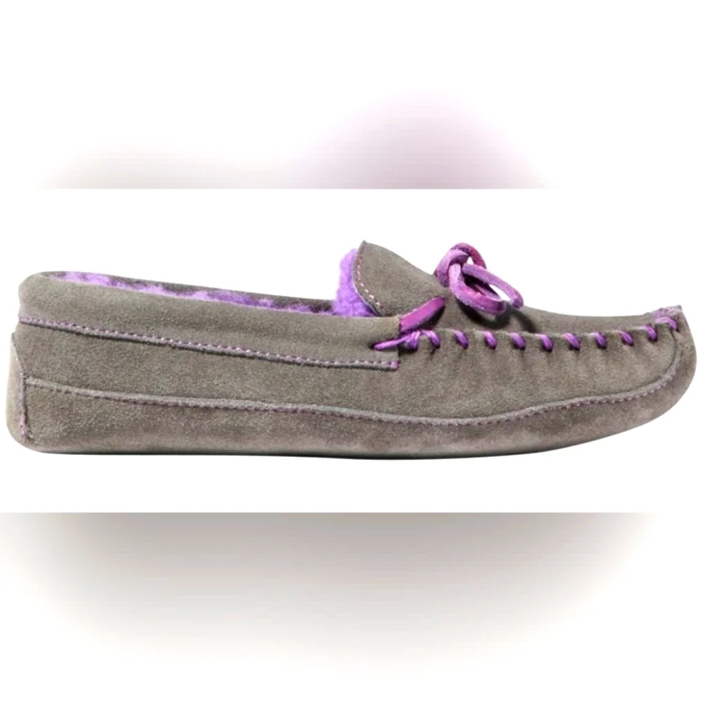 New L.L. Bean Gray Purple Suede Moccasin Slippers Kid's Size 4